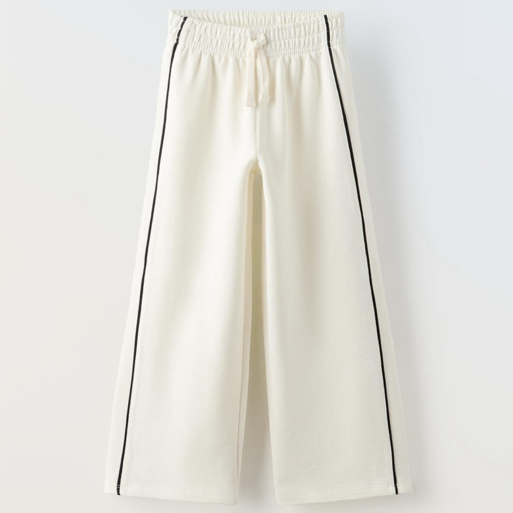 Zara Cream Wide-Leg Track Pants with Black Side Piping - Kids